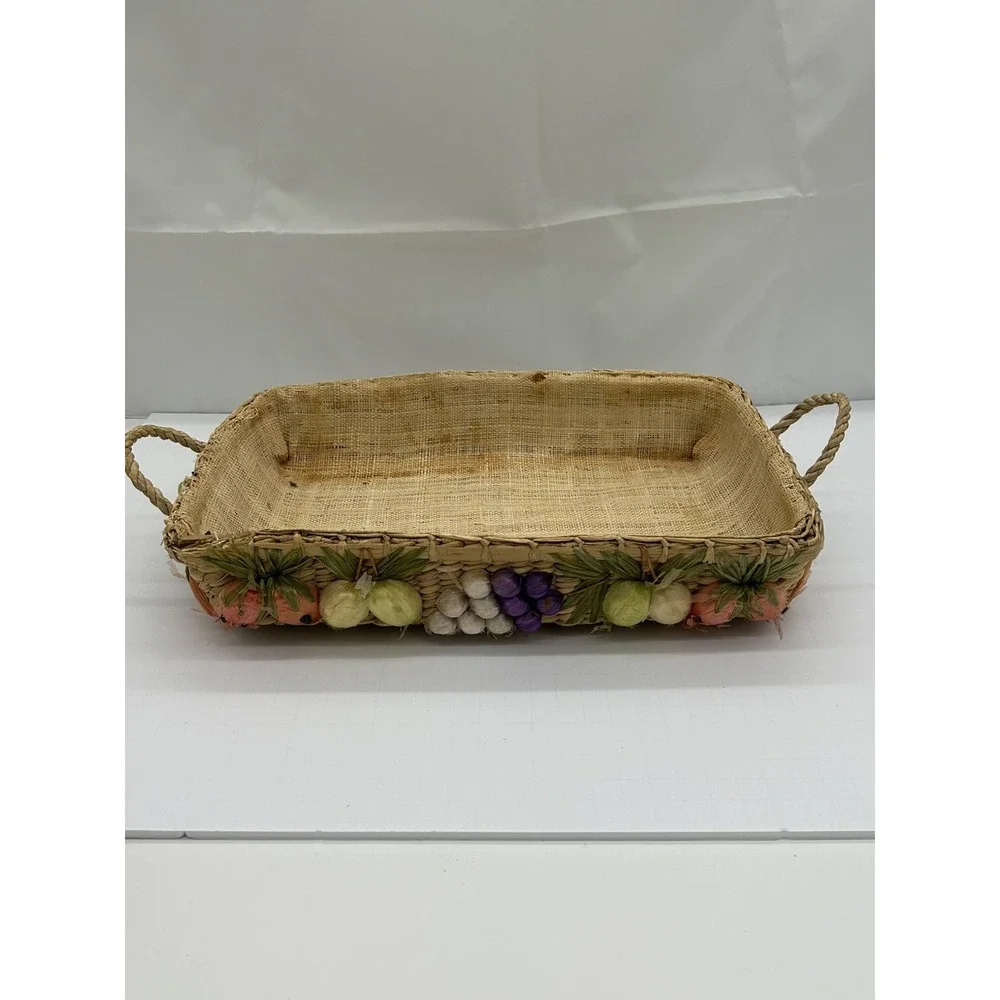 VTG Raffia Casserole Dish Carrier Basket Set of 2 with Anchor Hocking Glass Dish